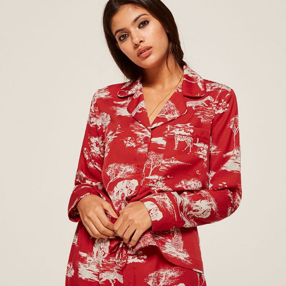 Reformation Safari Print Red Long Sleeve Pajama Button Down Top